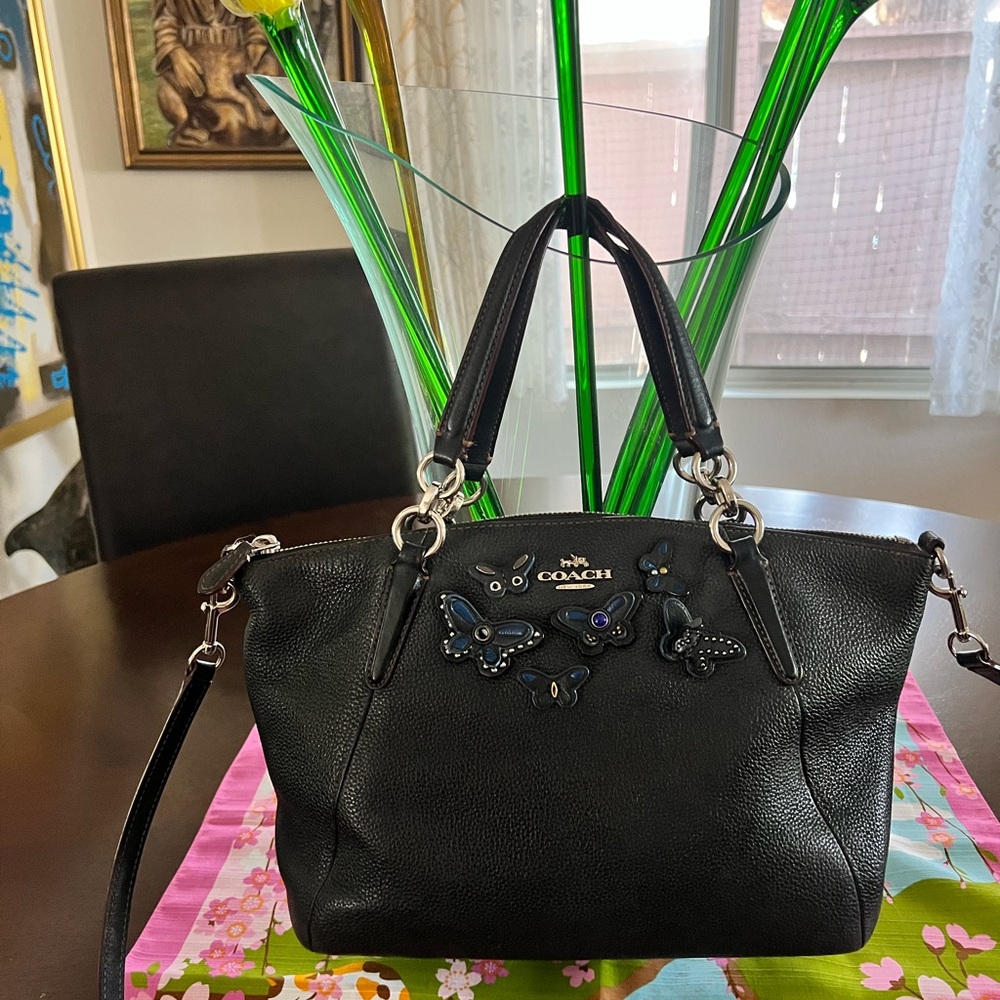 Coach Black Leather Shoulder Bag with Butterfly Accents